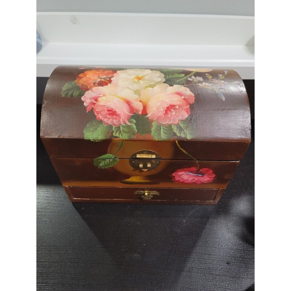 VTG Wooden Large Jewelry Chest Trinket Box hand painted floral dome 10"x 8"